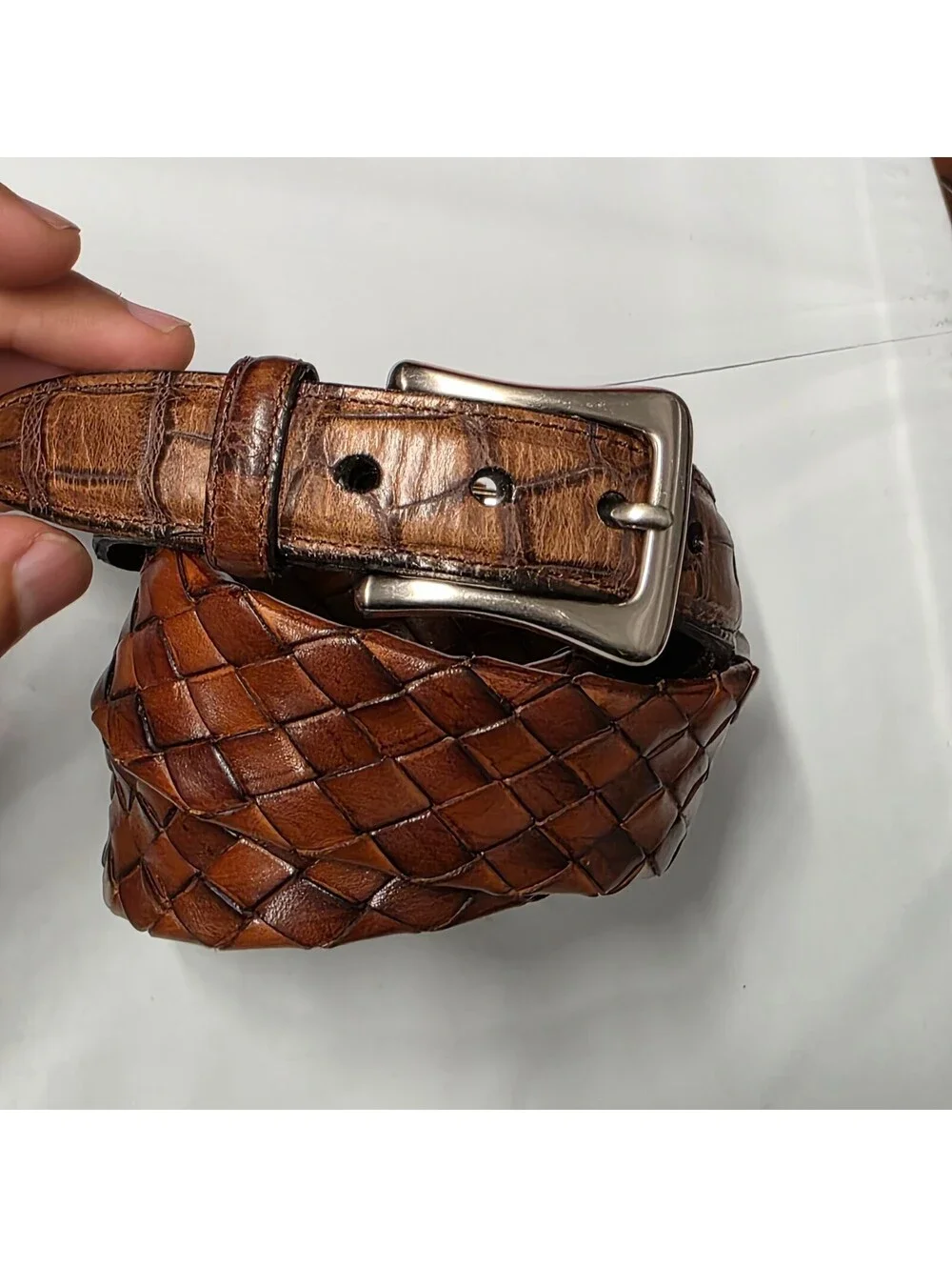 braided Woven Belt calfskin crocodile Italy handmade luxury 34 Brown Brass buckl